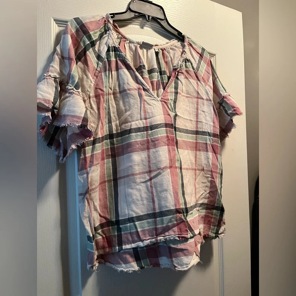 True Craft Pink and Green Plaid Blouse with distressed edging. - Picture 2 of 7